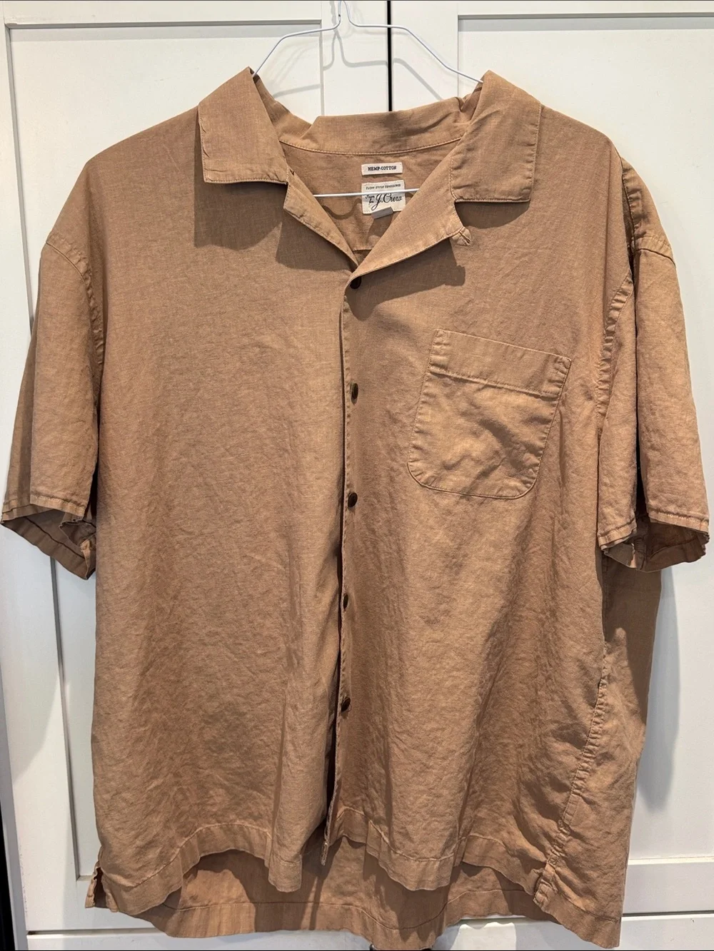 J. Crew Men's Short-Sleeve Button-Down Tan Camp Shirt Hemp-Cotton XXL